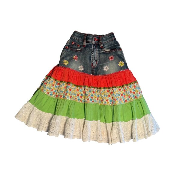 Girls Layered Denim Floral Skirt With Eyelet Lace & Elastic Waist Boho - Picture 8 of 8